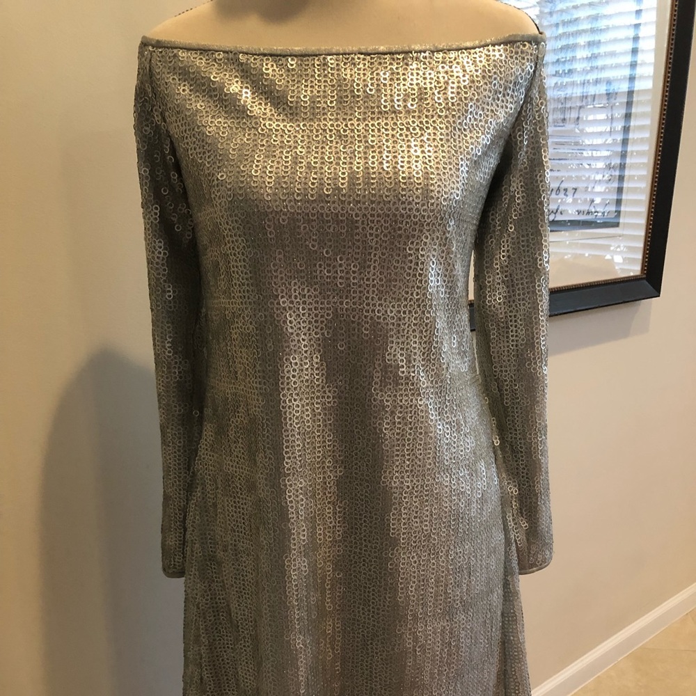 Tom & Linda Platt Silver Sequin Off the Shoulder Dress Lined